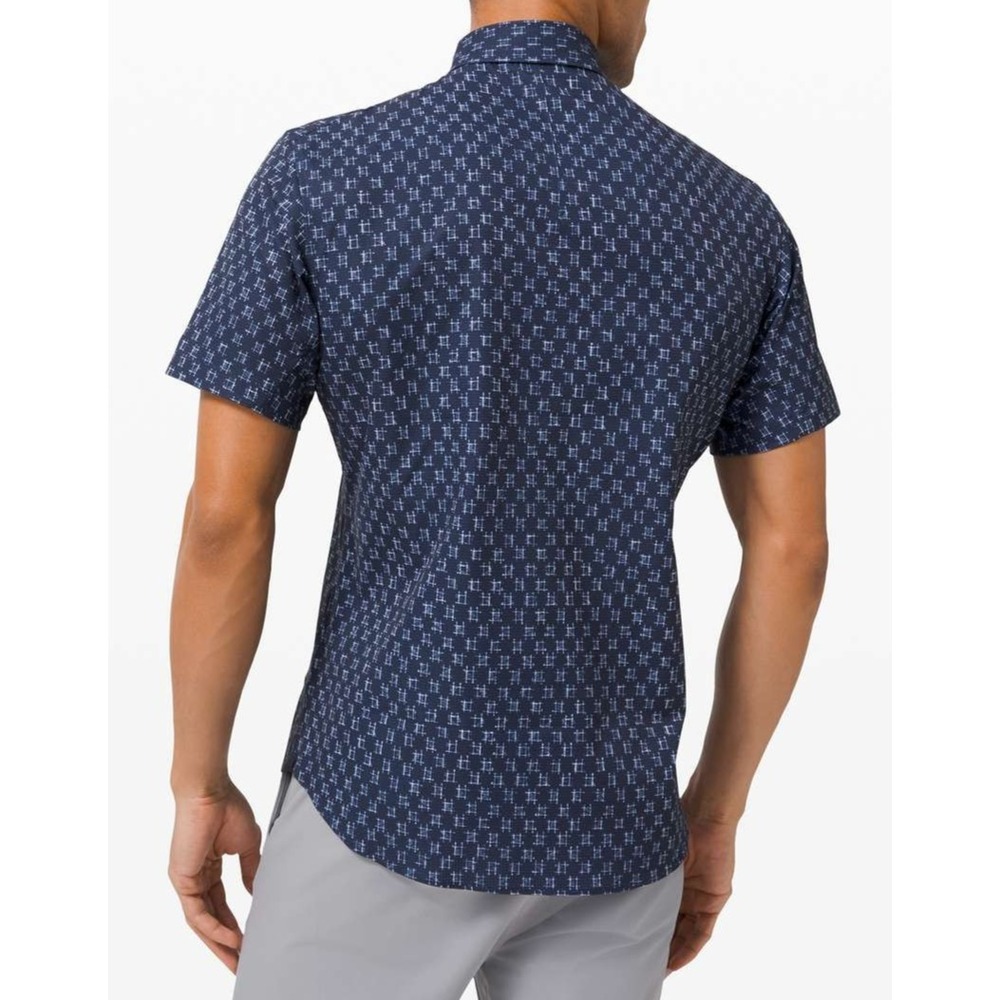 Lululemon Airing Easy Short Sleeve Buttondown IKat Check White Navy Shirt XL EUC - Picture 7 of 11